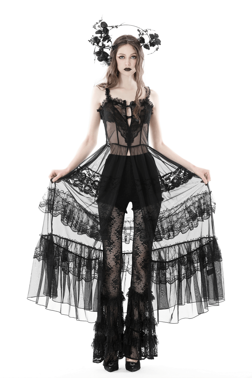 Victorian-inspired black lace dress with sheer panels, heart-shaped cutout, and gothic flair.