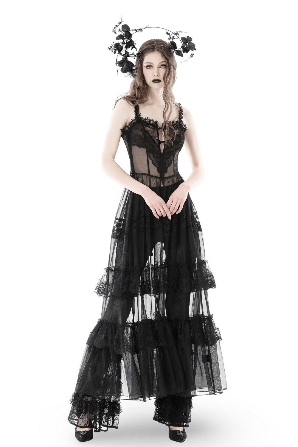 Victorian-inspired black lace dress with sheer panels, featuring a heart cutout and layered mesh ruffles.