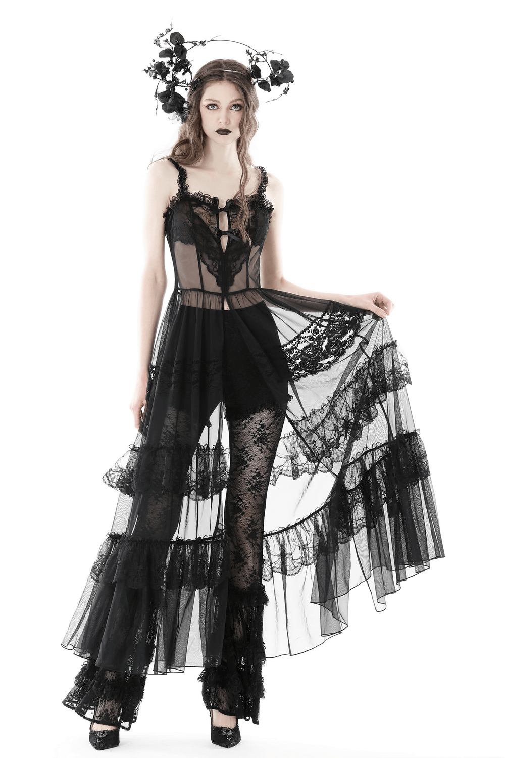 Victorian-inspired black lace dress with sheer panels, heart-shaped cutout, and gothic accents, perfect for a romantic look.
