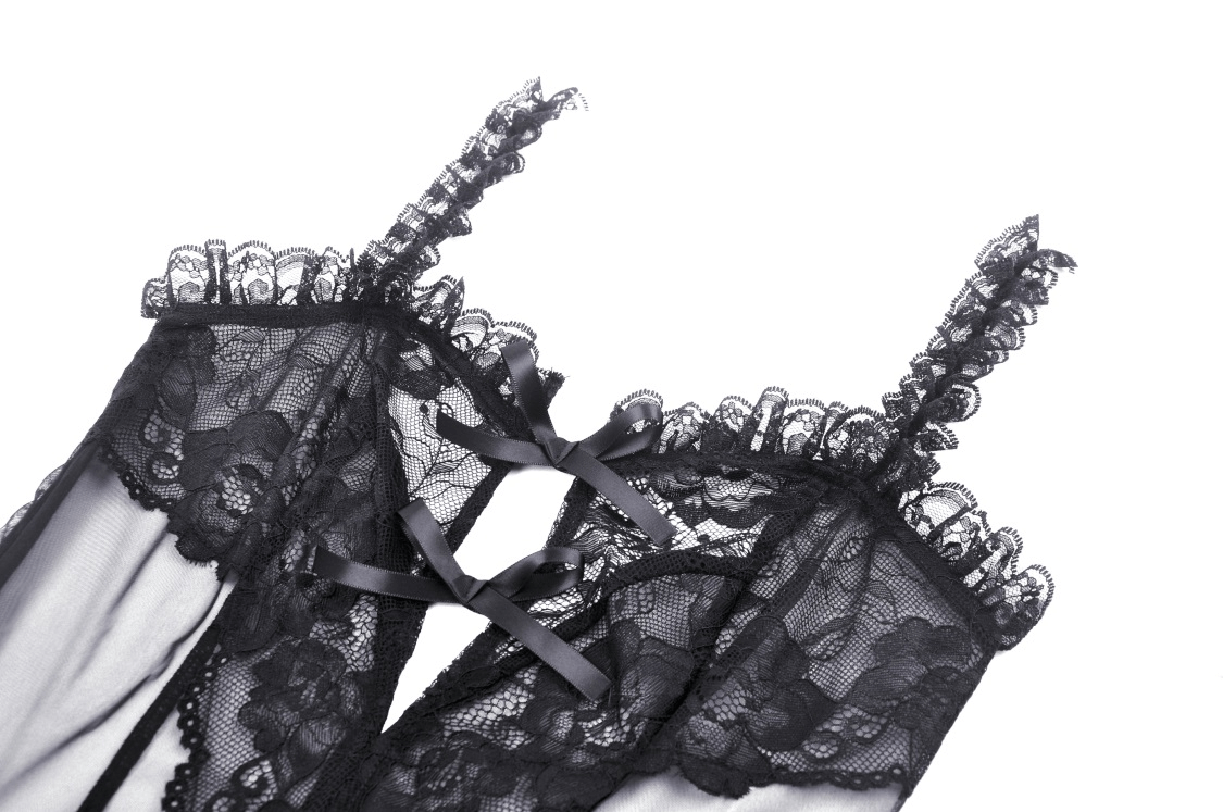 Elegant black lace dress with sheer panels and intricate detailing, perfect for a dark and romantic look.