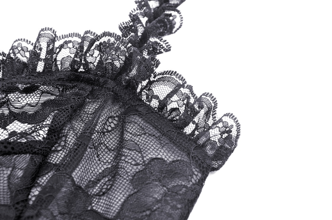 Close-up of intricate black lace with delicate floral patterns and scalloped edges, perfect for a Victorian-inspired look.