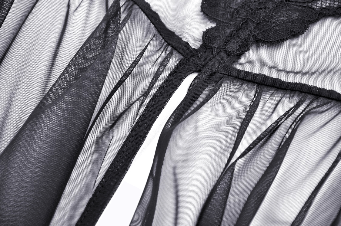 Close-up of sheer black lace detailing on a Victorian-inspired dress, showcasing elegant mesh panels and intricate lace design.