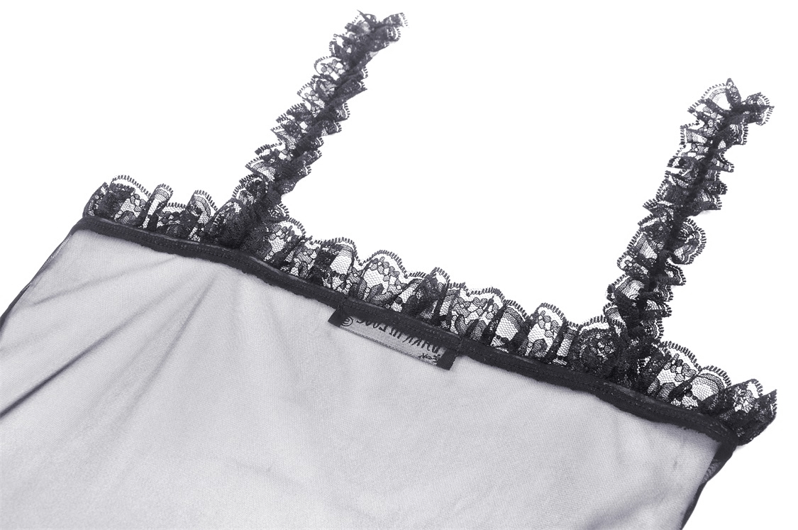 Close-up of sheer black lace dress straps with ruffled detailing, perfect for a dark and romantic style.