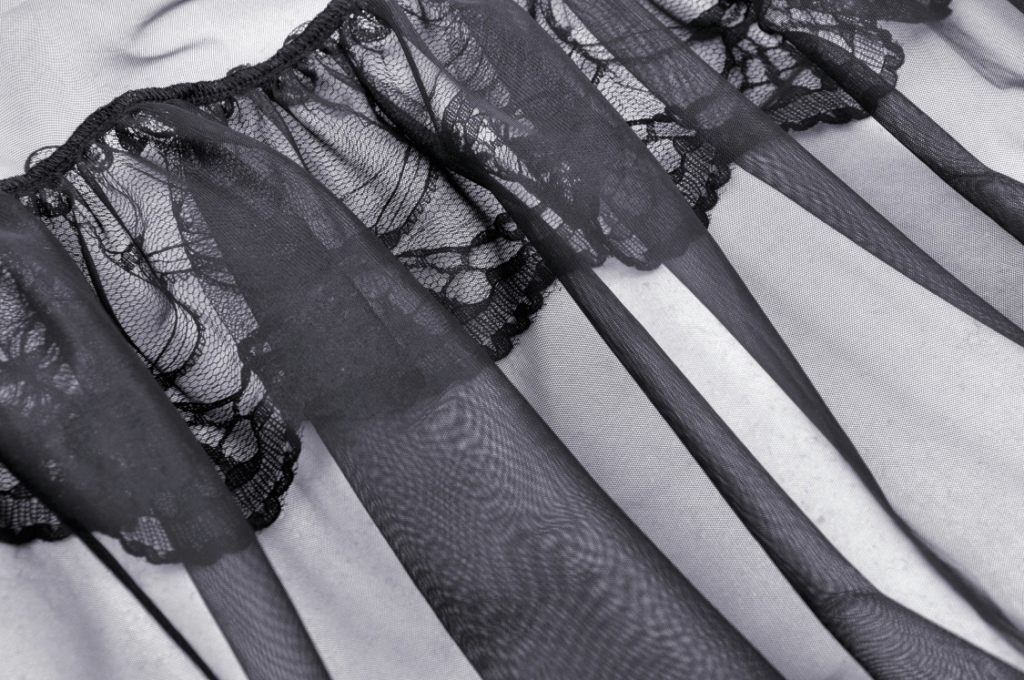 Elegant black lace and sheer mesh fabric, perfect for a Victorian-inspired dress that exudes dark romance.