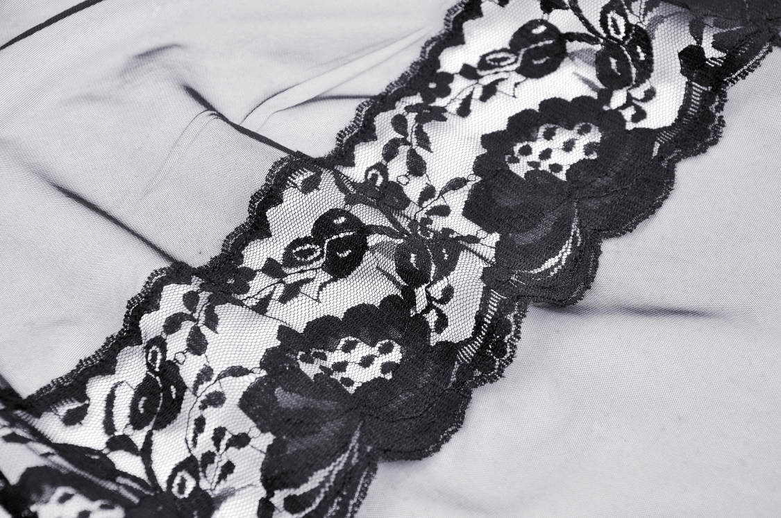 Close-up of intricate black lace trim featuring floral patterns, perfect for a Victorian-inspired outfit.