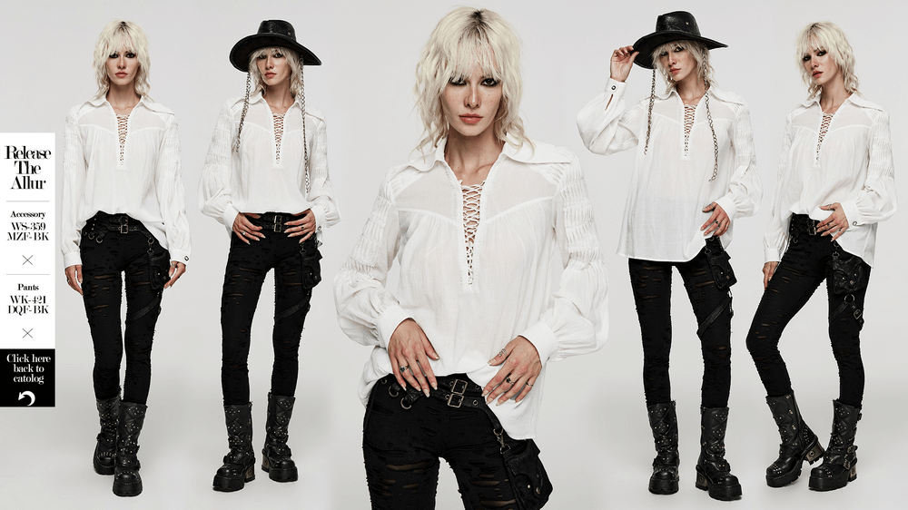Victorian Inspired Lace-Up Goth Blouse in White - HARD'N'HEAVY