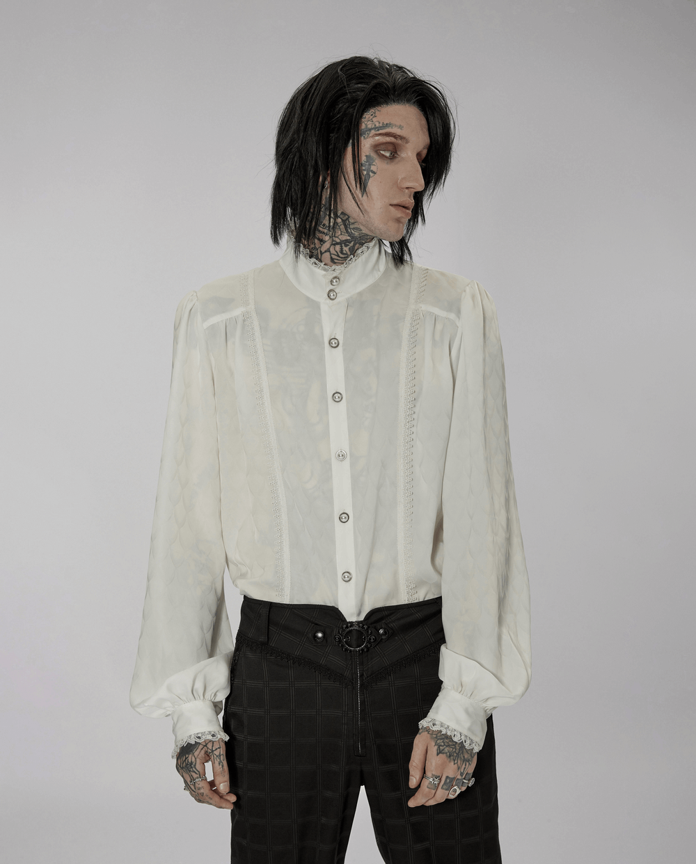 Victorian-inspired men's silky jacquard dress shirt featuring an intricate dragon scale pattern and elegant design.