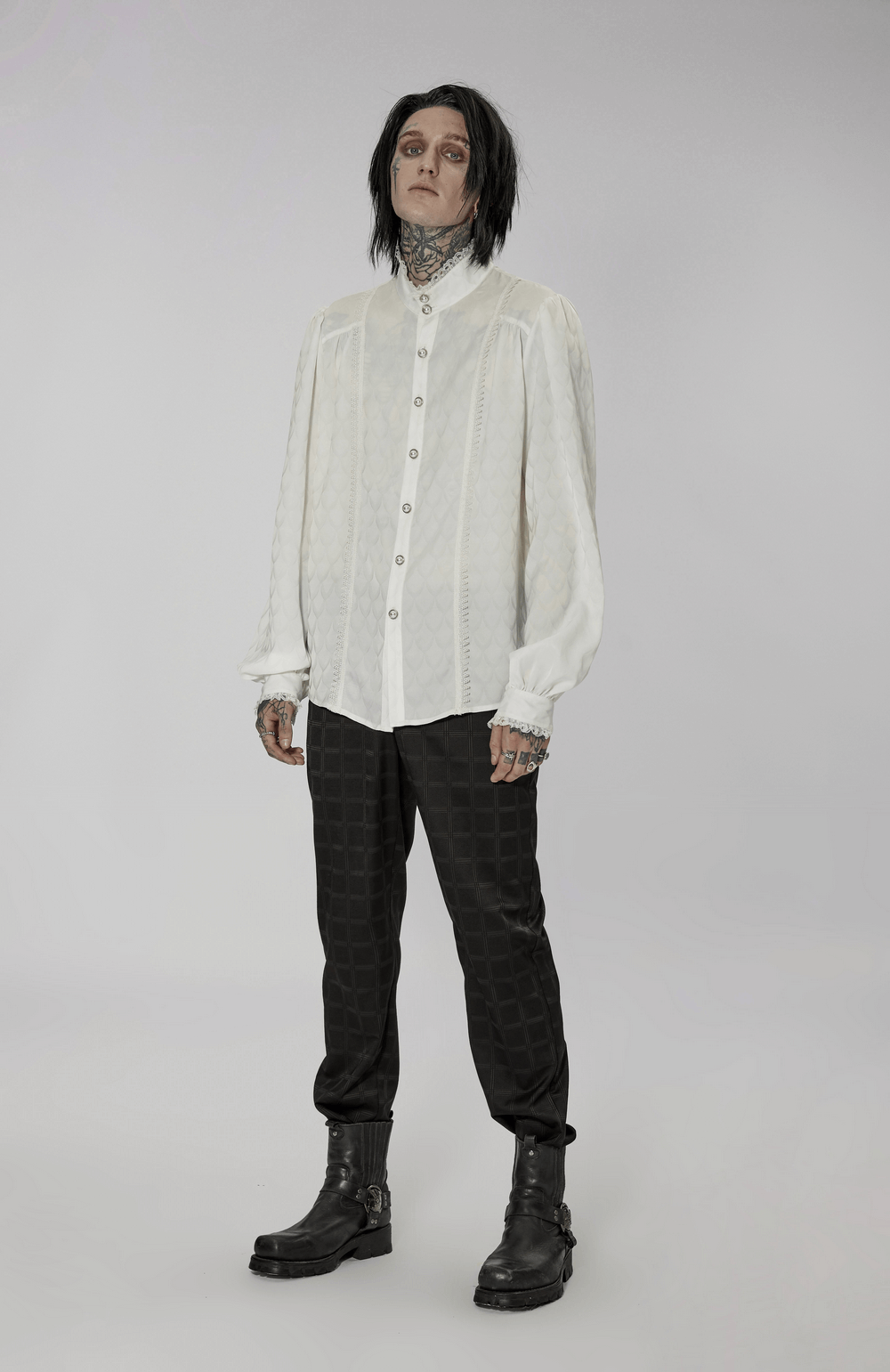 Victorian-inspired men's silky jacquard dress shirt with dragon scale pattern, styled with edgy fashion.