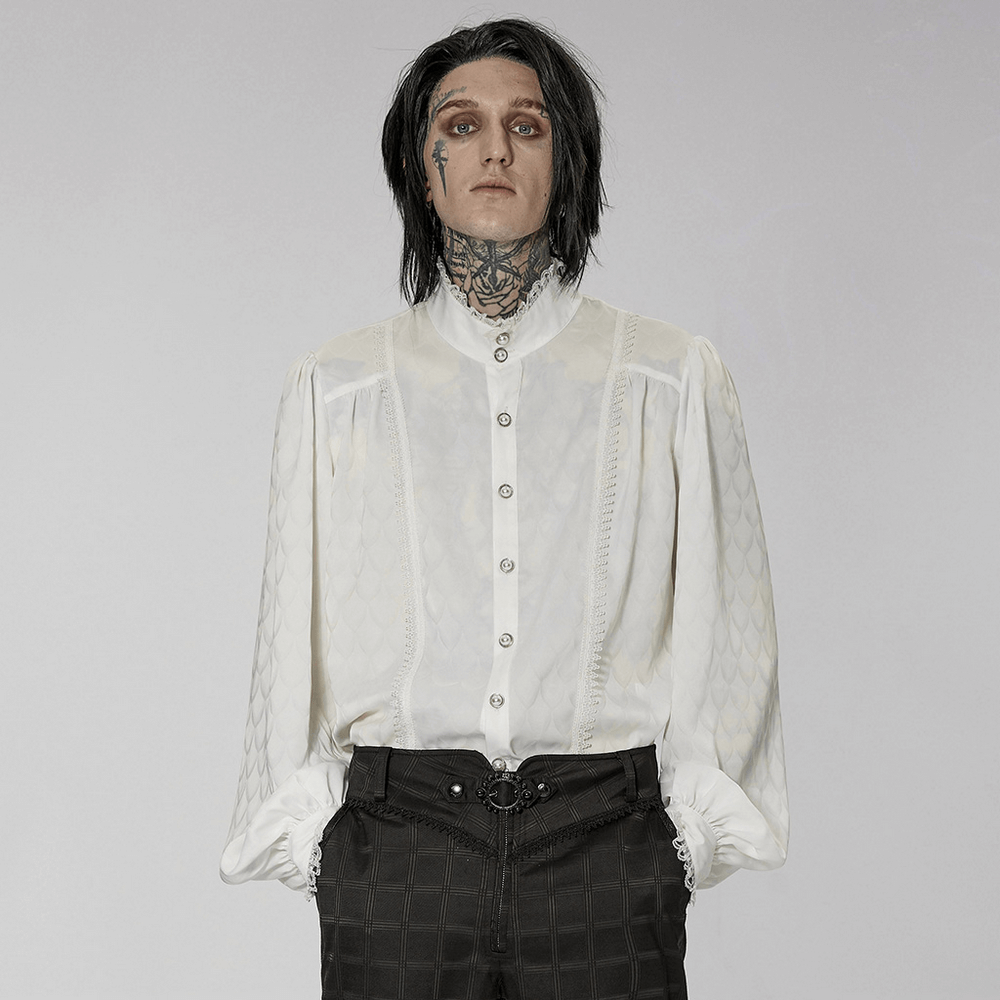 Victorian-inspired silky jacquard dress shirt with dragon scale pattern, perfect for gothic fashion.