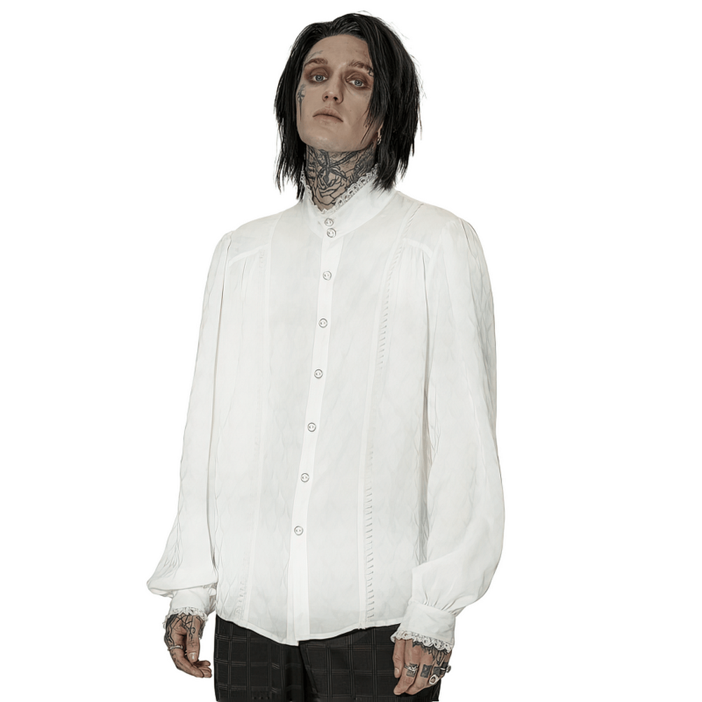Victorian-inspired men's silky jacquard dress shirt in white, featuring intricate detailing and elegant silhouette.