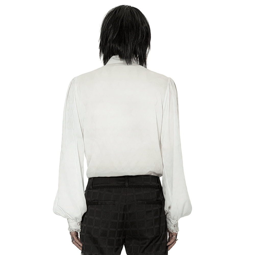 Back view of a Victorian-inspired men's silky jacquard dress shirt, showcasing elegant puff sleeves and luxurious fabric.