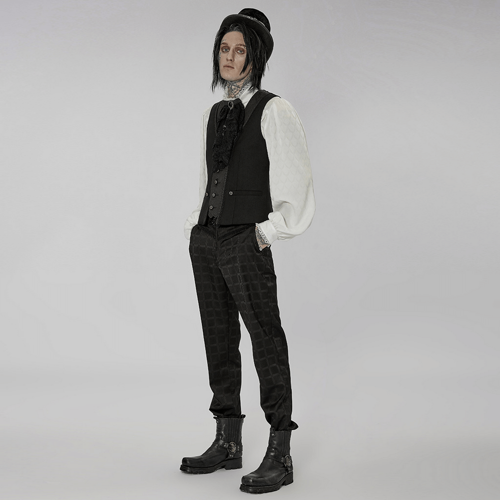 Victorian-inspired men's outfit featuring a black vest, dragon scale jacquard shirt, and stylish boots.