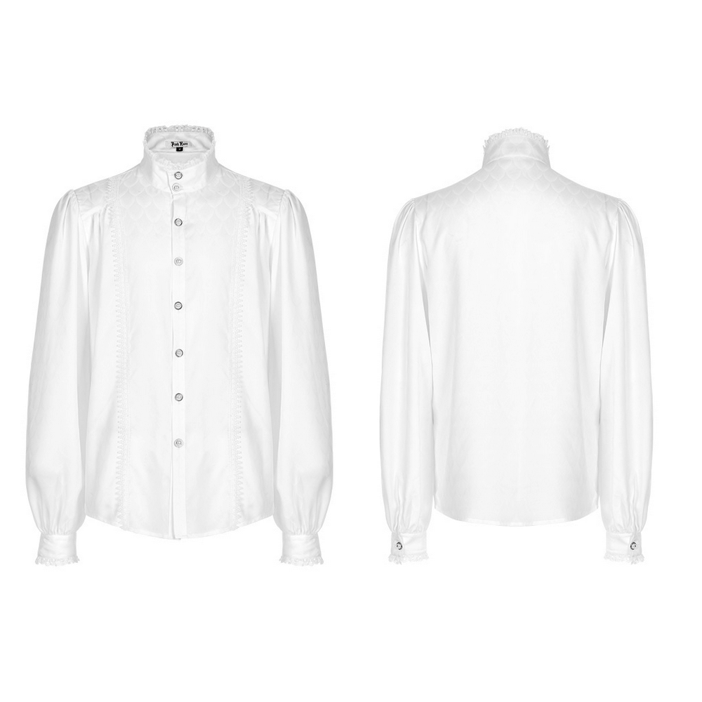 Victorian-inspired white silky jacquard shirt with elegant ruffled collar and long sleeves.