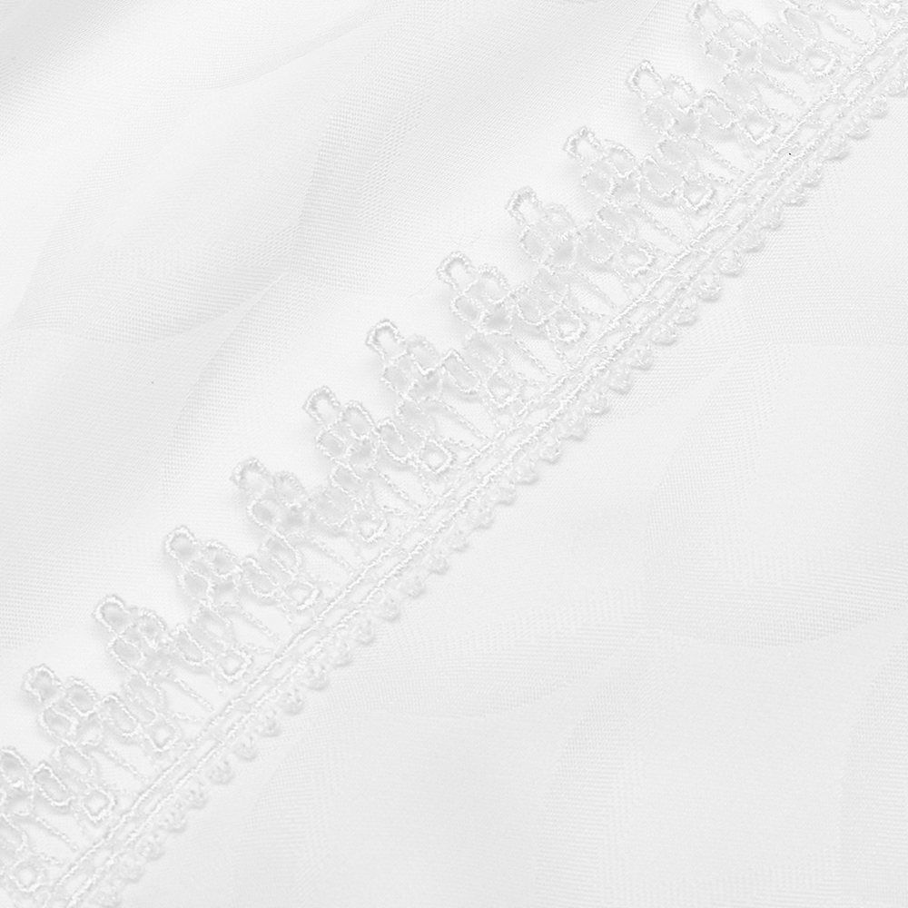 Close-up of exquisite white fabric featuring delicate lace trim for elegant garments.
