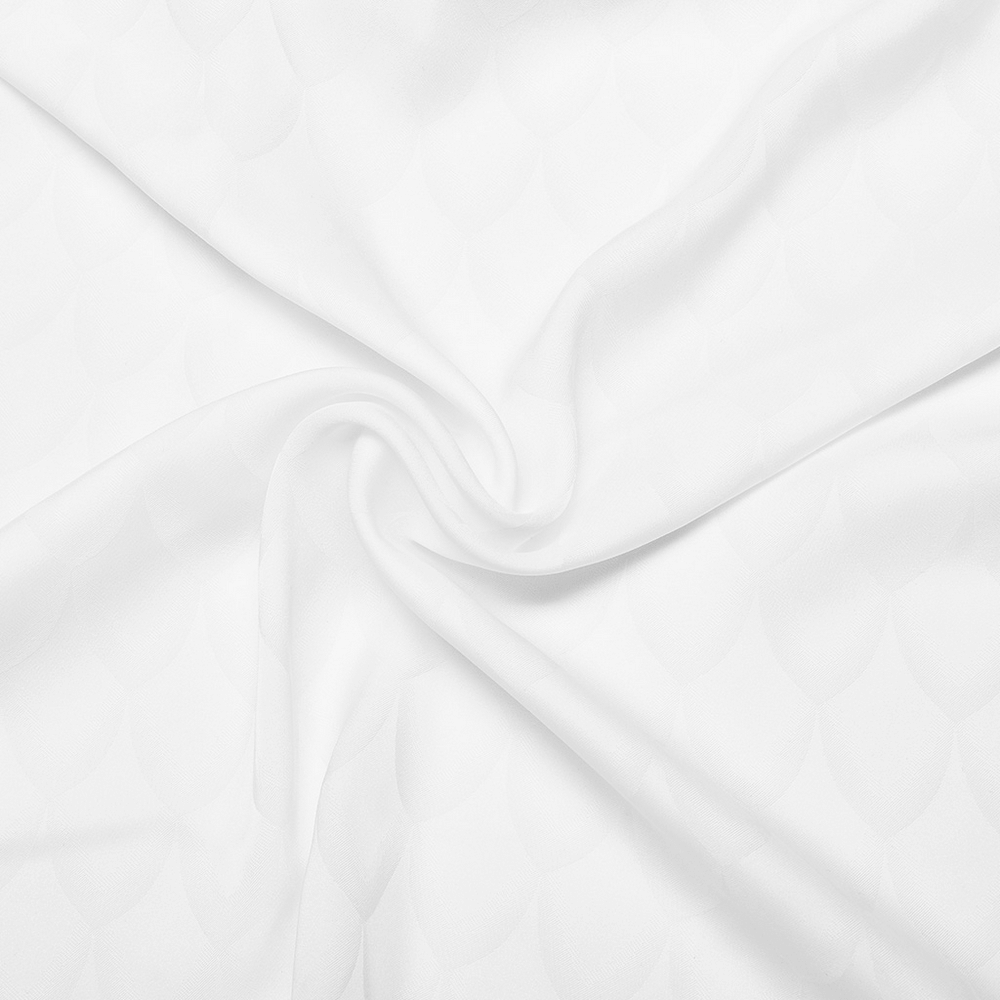 Close-up of luxurious white silky jacquard fabric with a subtle dragon scale pattern, perfect for Victorian-inspired attire.