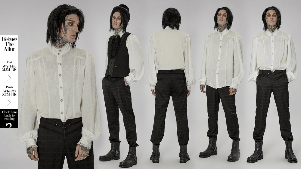 Victorian-inspired men's silky jacquard dress shirt with gothic flair, styled with dark trousers and boots.