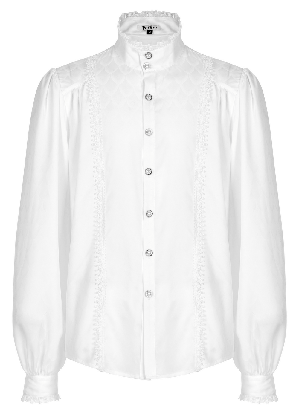 Victorian-inspired white silky shirt with a high collar and decorative buttons, perfect for elegant occasions.