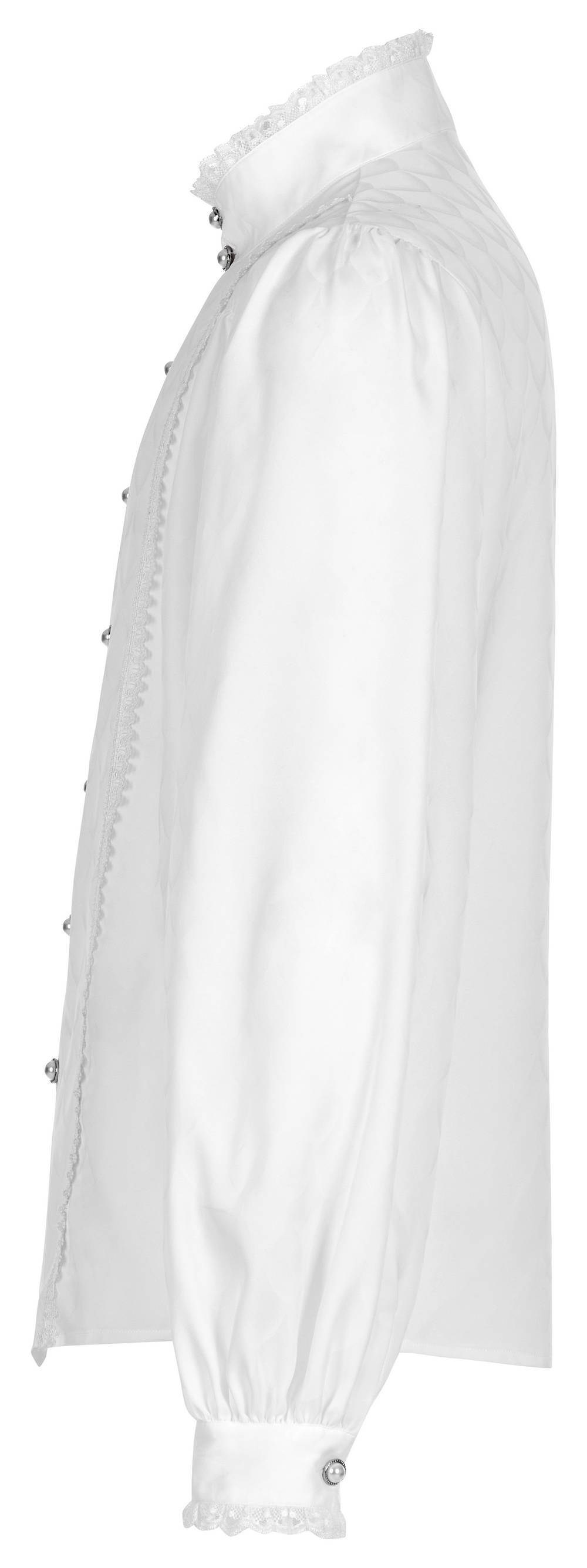 Victorian-inspired men's dress shirt with intricate design, silky fabric, and elegant button details.