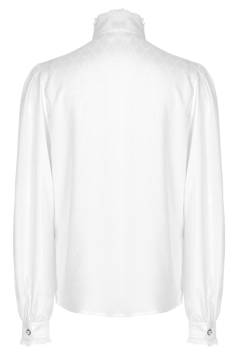 Back view of a Victorian-inspired white silky jacquard dress shirt with pleated collar and intricate dragon scale pattern.