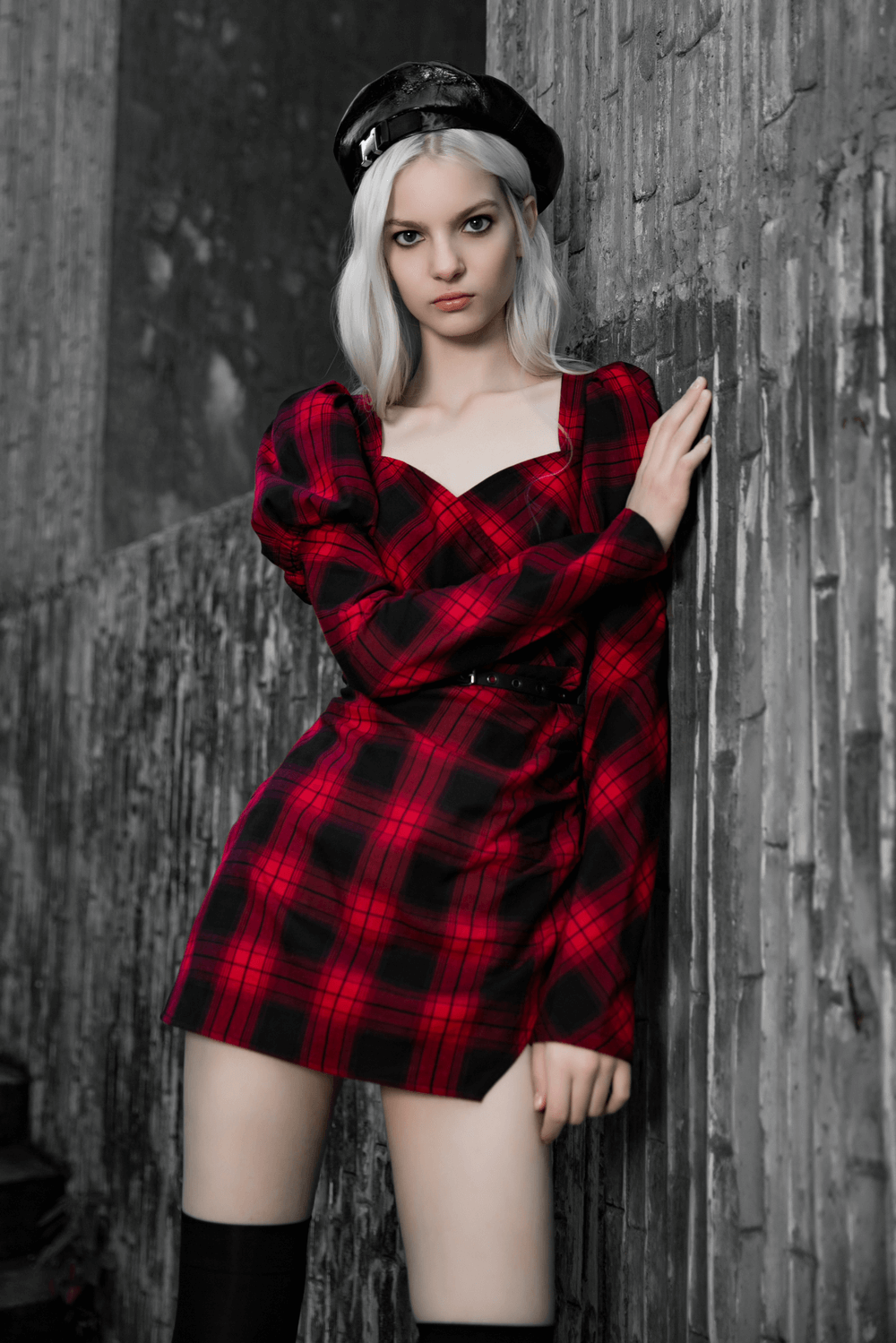 Victorian-Inspired Red Plaid Dress with Detachable Belt
