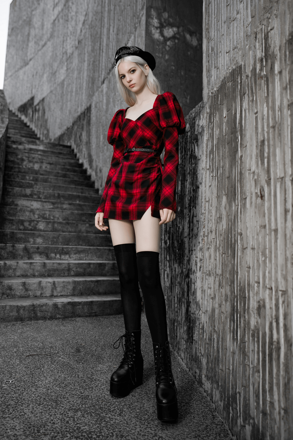 Victorian-Inspired Red Plaid Dress with Detachable Belt