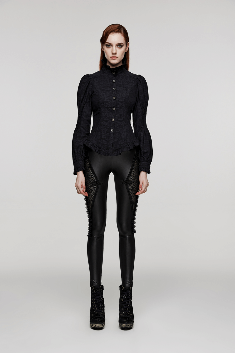 Victorian-inspired goth blouse with ruffles and lace, paired with sleek black leggings for a dark elegance look.