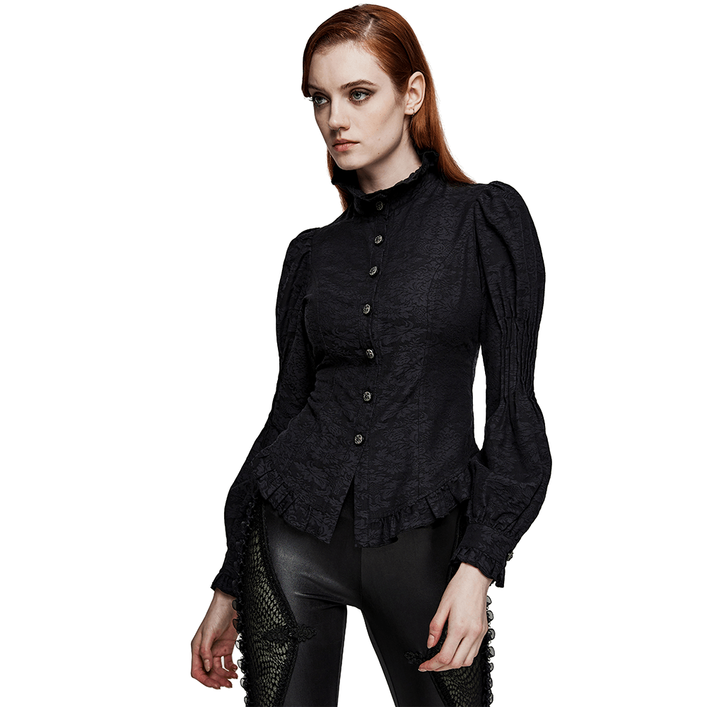 Victorian-inspired black ruffle-trimmed lace goth blouse with puffed sleeves and a stand collar.