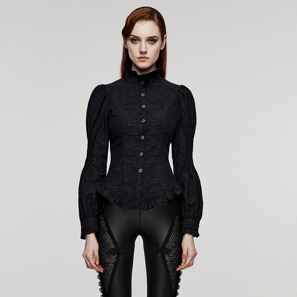 Victorian-inspired Goth blouse with ruffles, lace detail, and puffed sleeves, perfect for dark elegance.
