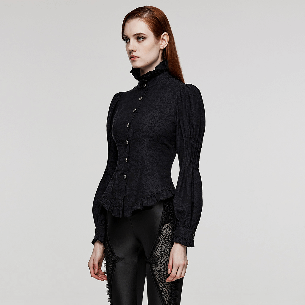 Victorian-inspired ruffle-trimmed lace goth blouse with puffed sleeves and stand collar, perfect for gothic elegance.