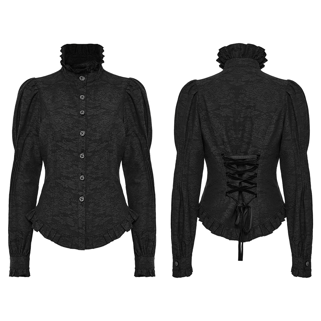Victorian-inspired black ruffle-trimmed lace goth blouse with stand collar and crimped sleeves.