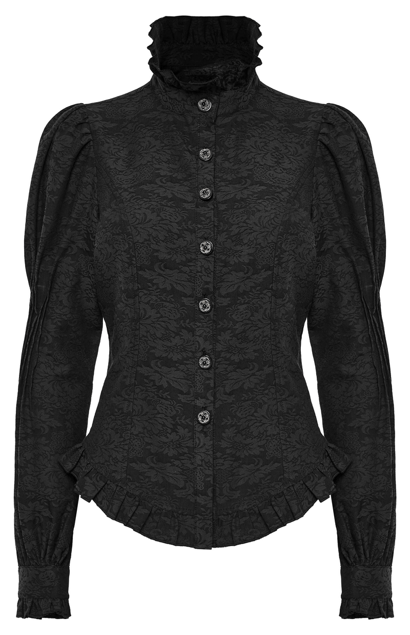 Victorian-Inspired Goth Blouse with Ruffle-Trimmed Lace and Puffed Sleeves in Black.