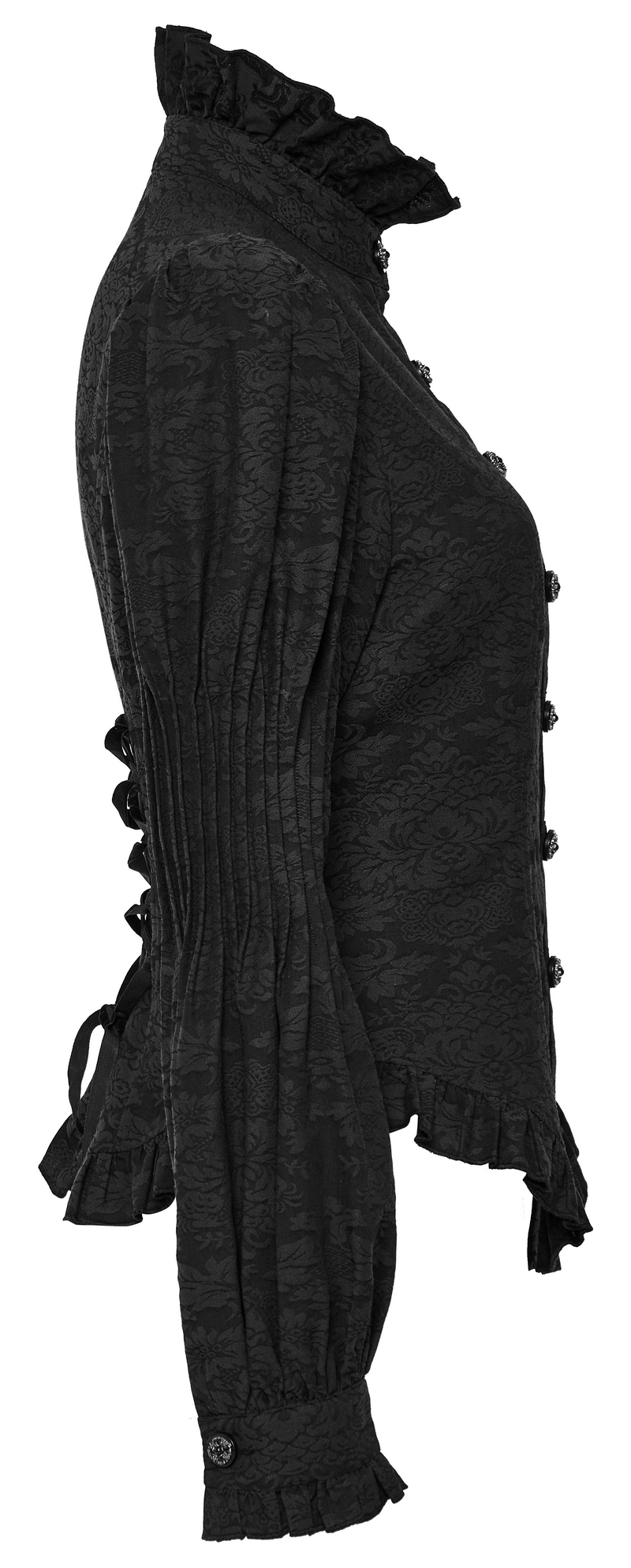 Victorian-inspired black goth blouse with ruffle trim, lace detail, and puffed sleeves, showcasing elegant gothic style.