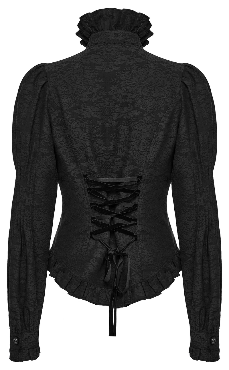 Back view of a Victorian-inspired Gothic blouse with ruffle trim and lace-up detail, perfect for dark elegance.