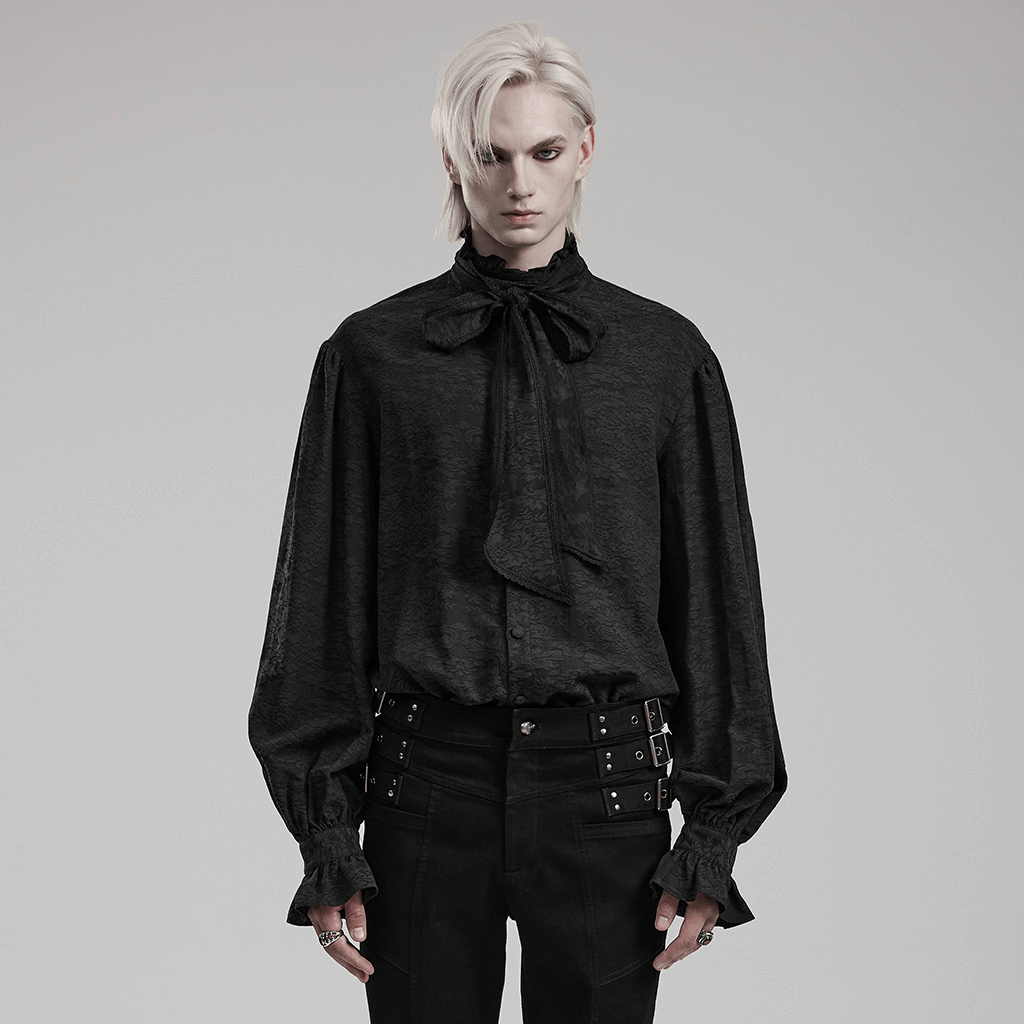 Gothic Victorian-inspired male shirt with ruffled tie and unique jacquard fabric for a bold, stylish look.