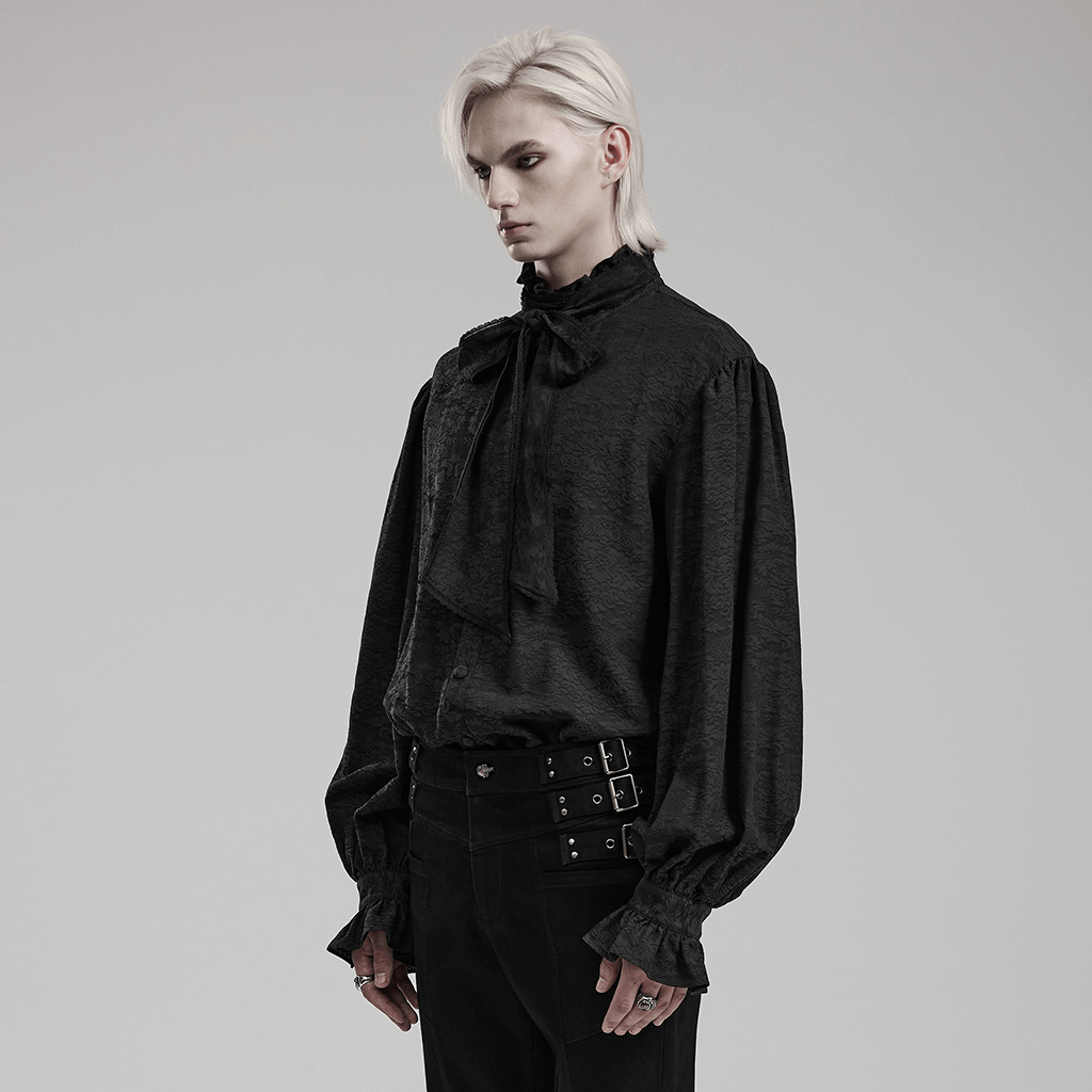 Victorian-inspired male shirt with ruffled tie in luxurious black jacquard fabric, perfect for Gothic style.