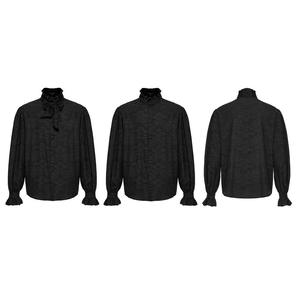 Victorian-inspired Goth men's jacquard shirt in black with ruffled tie and elegant standing collar, front and back view.