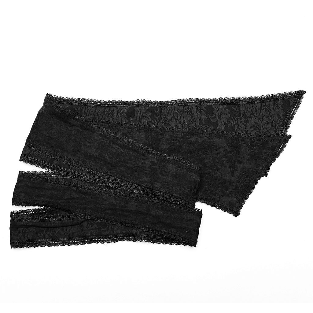 Elegant black lace fabric, intricately designed with floral patterns and scalloped edges, perfect for gothic fashion.