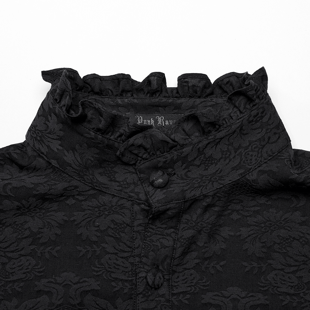 Close-up of a Victorian-inspired Goth men's jacquard shirt with ruffled collar and stylish black fabric.