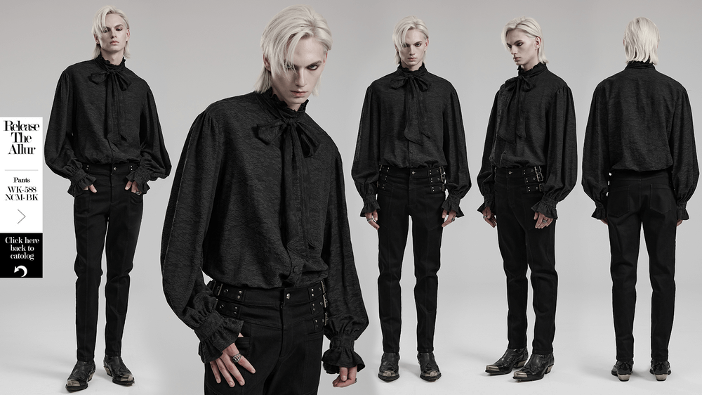 Goth Victorian-inspired male shirt featuring a ruffled tie and elegant design, showcasing a stylish black jacquard look.
