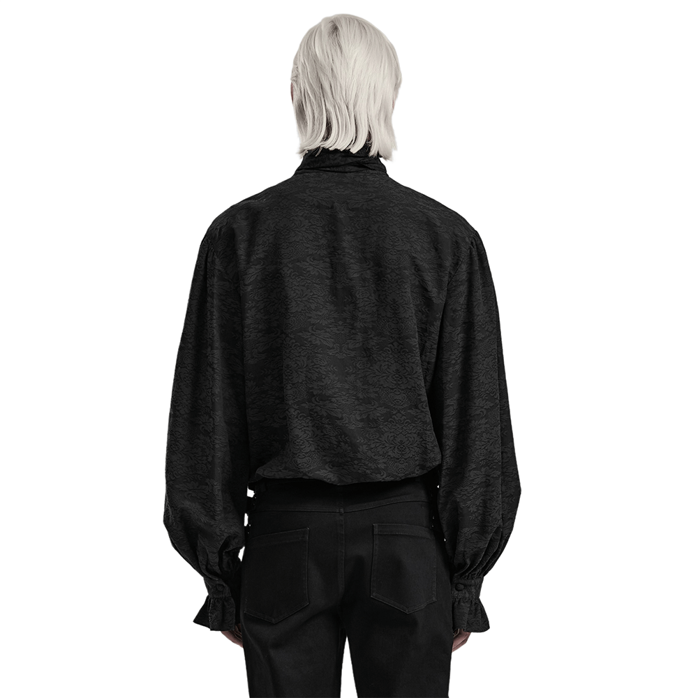 Back view of a Victorian-inspired black Goth Men's Jacquard Shirt with ruffled collar and long sleeves.