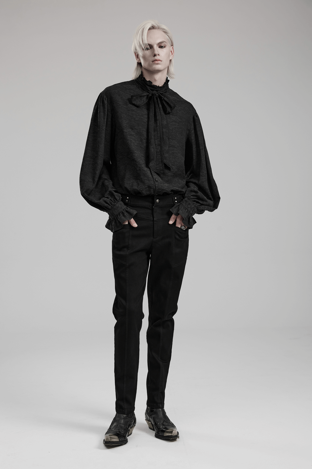 Victorian-inspired Goth men's shirt with ruffled tie, featuring elegant jacquard fabric and stylish balloon sleeves.