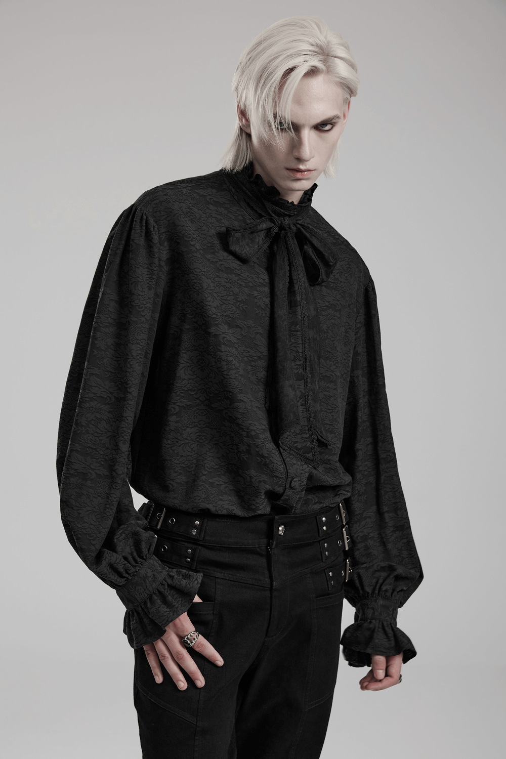 Goth-inspired male shirt with ruffled tie, made of jacquard fabric for a stylish Victorian look.