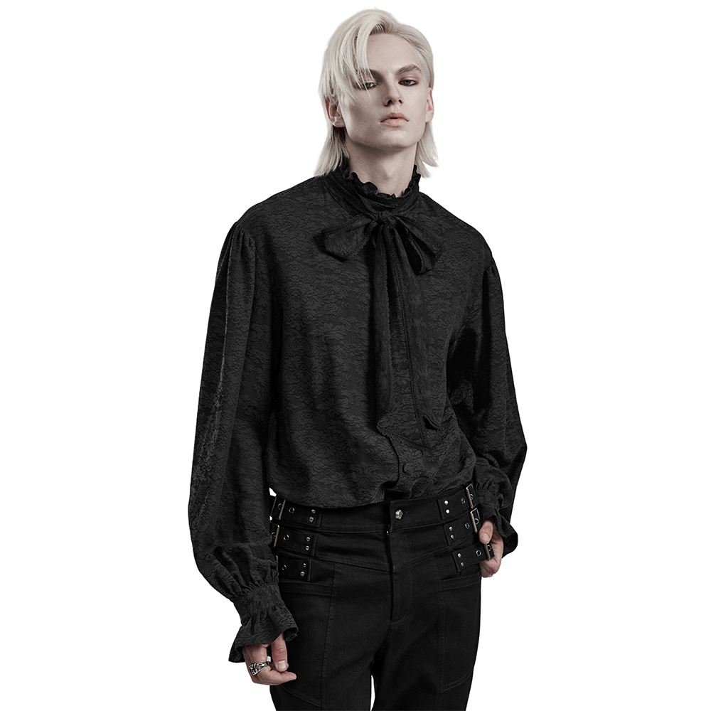 Victorian-inspired black Goth men's jacquard shirt featuring a ruffled tie and elegant details.