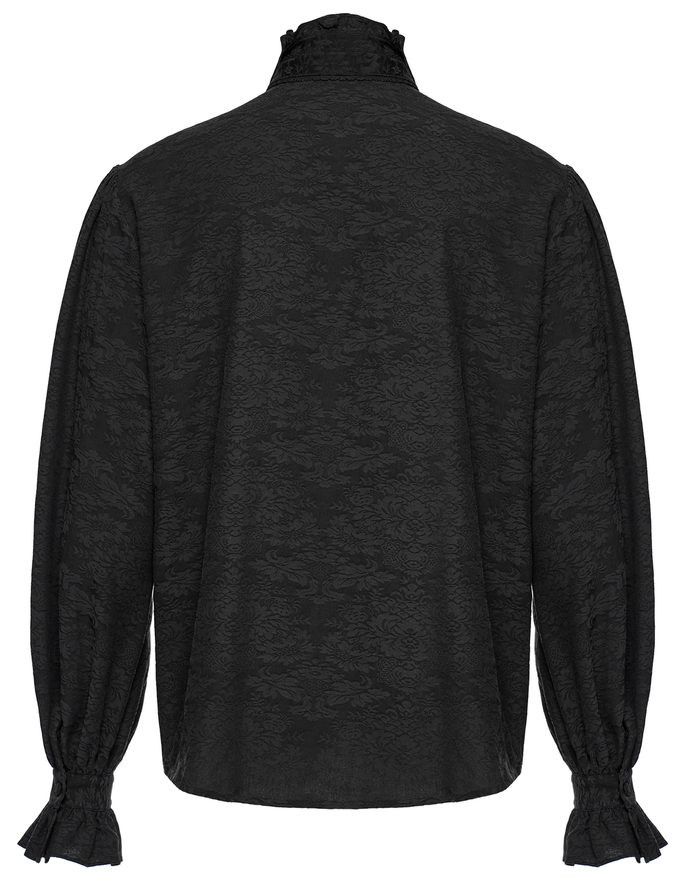 Back view of a Victorian-inspired goth men's jacquard shirt with ruffled sleeves in black fabric.