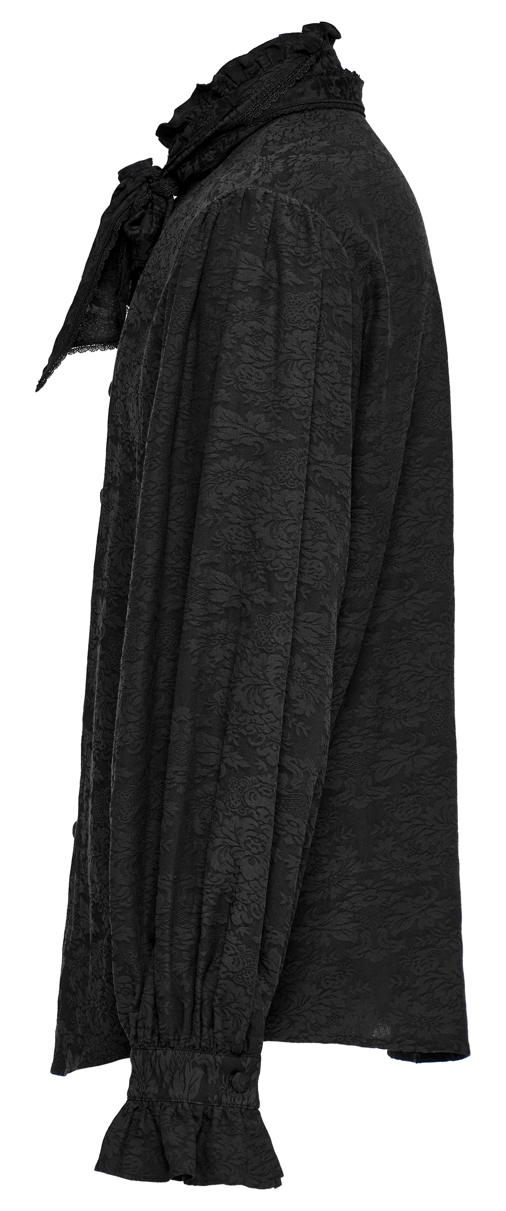 Victorian-inspired male shirt with ruffled collar and tie, made of soft jacquard fabric in elegant black.