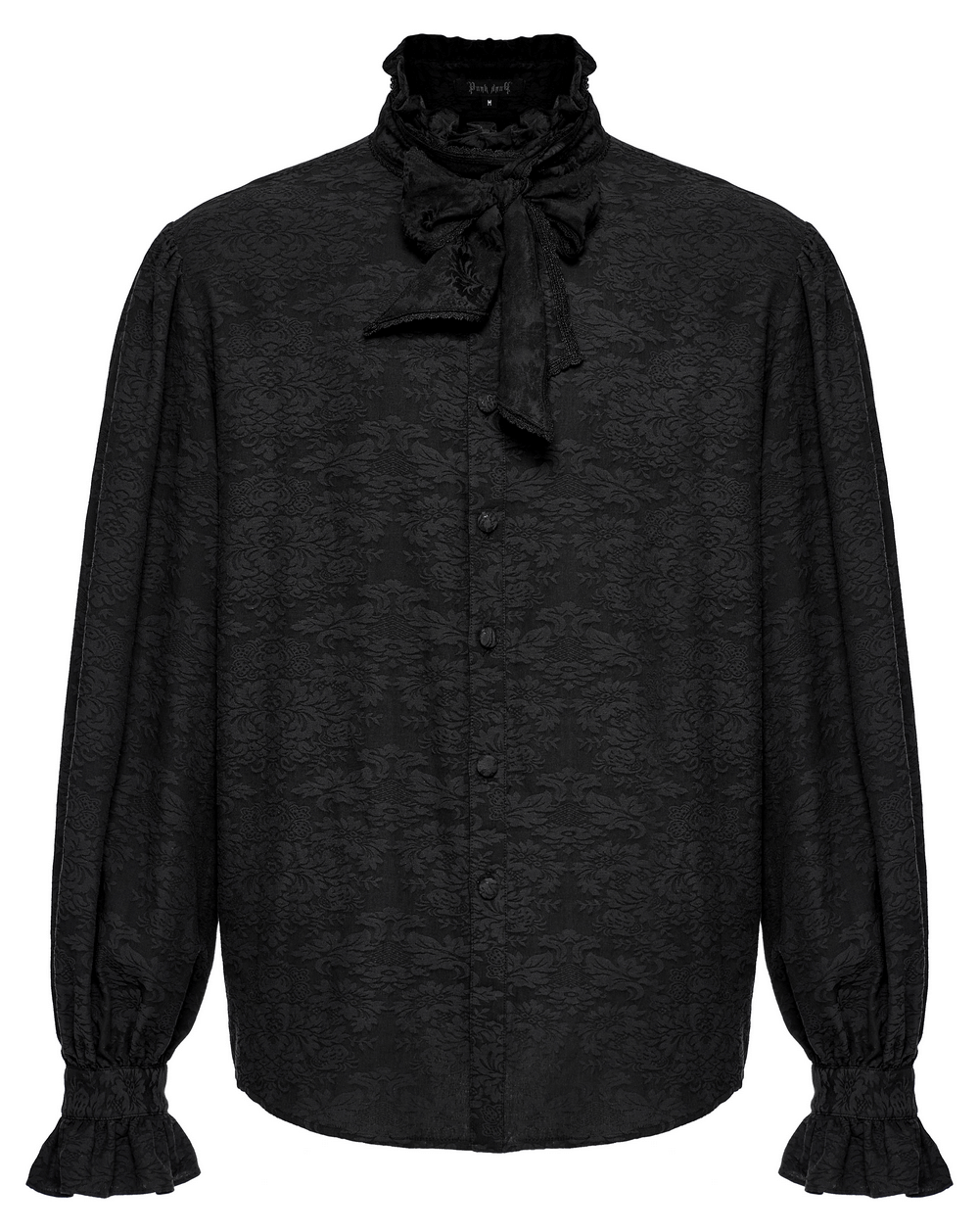 Victorian-inspired black Goth shirt with ruffled tie and jacquard fabric for a stylish look.