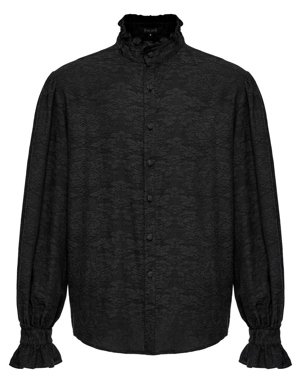 Victorian-inspired black jacquard shirt with ruffled tie and elegant standing collar, perfect for goth fashion.