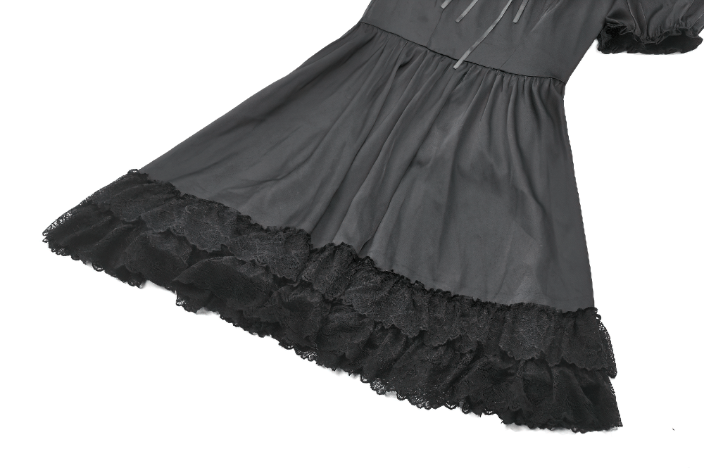 Victorian-inspired satin lace dress featuring ruffled sleeves and lace hem for an elegant gothic look.