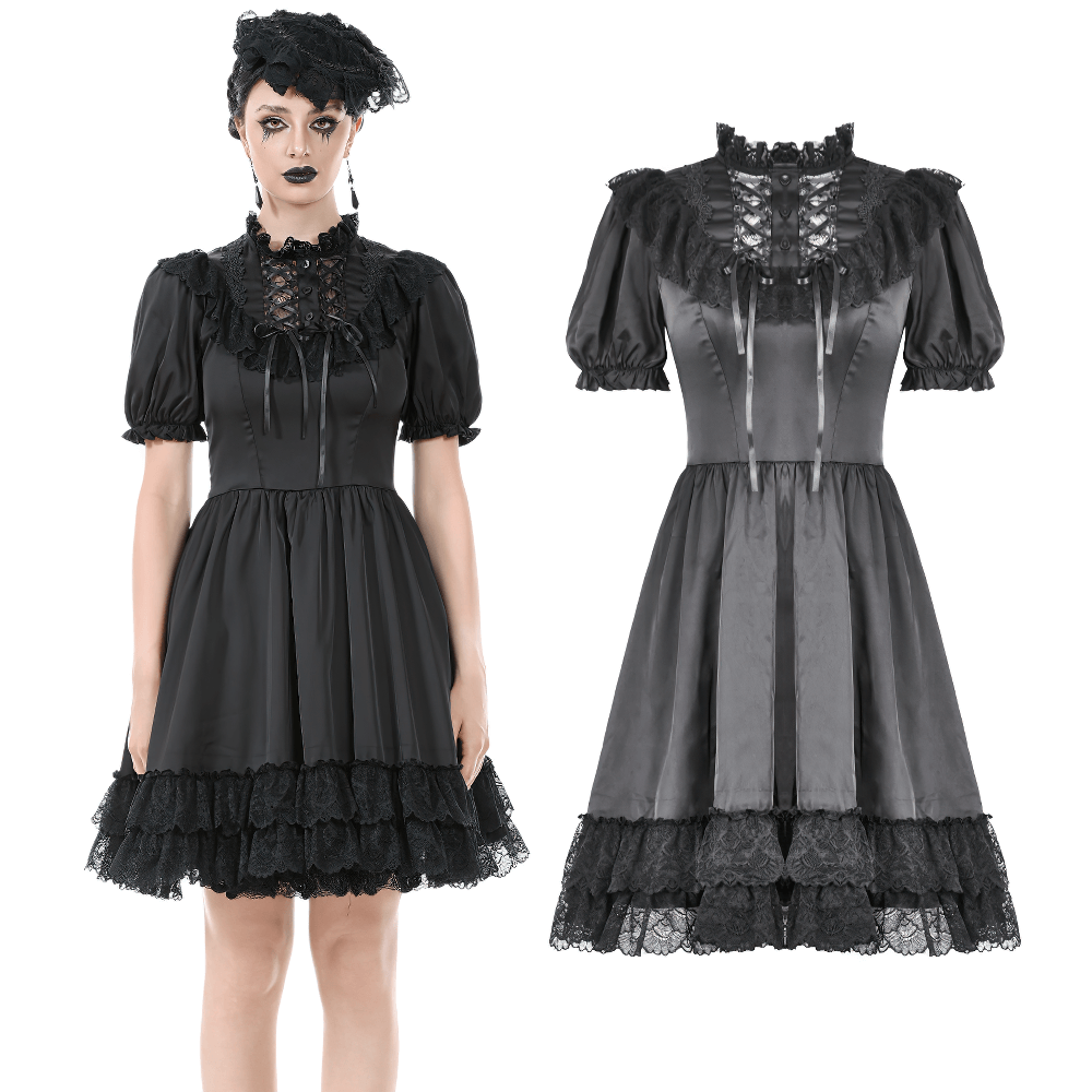 Victorian-inspired black satin dress with lace trim and ruffled sleeves, perfect for gothic fashion lovers.