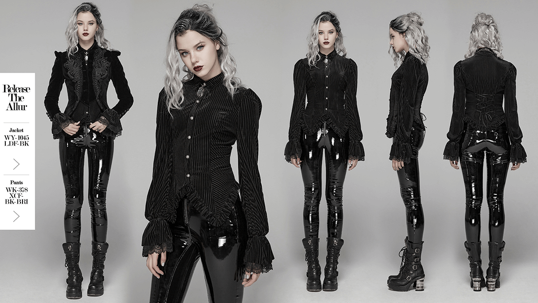 Victorian-inspired black velvet corset blouse with lace detail, paired with shiny black pants for a gothic look.